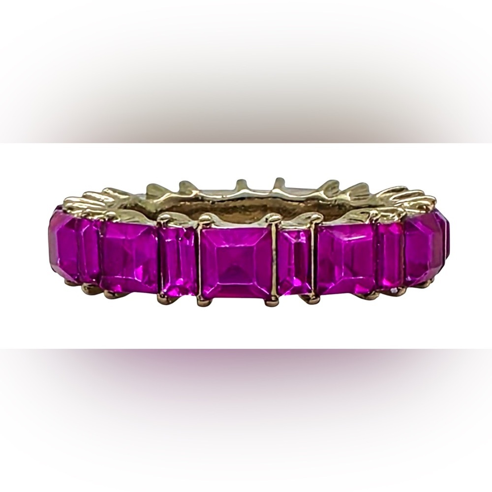 Hot Pink Emerald Cut Crystal Eternity Band Gold Tone Stackable Statement Ring